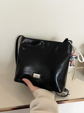 Women Pleated PU Leather Shoulder Bag Retro Solid Color Crossbody Bag With Ribbon Doll Charm Fashion Simple Underarm Bag