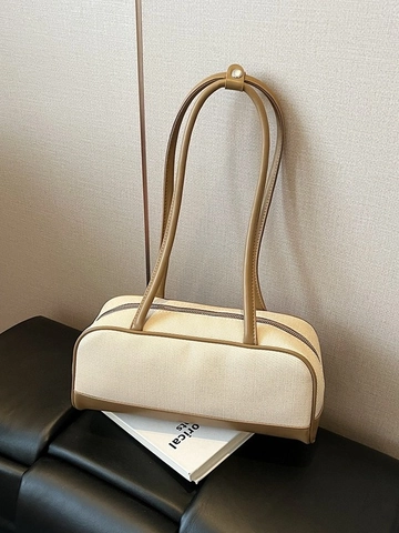 Women Shoulder Bag Vintage Canvas PU Leather Contrast Color Pillow Bag Fashion Commuter Underarm Bag For Women