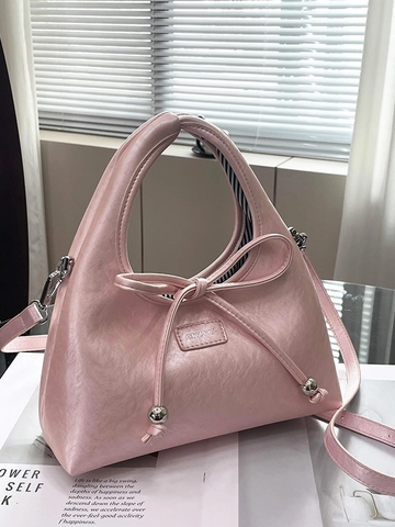 Damen Vintage PU Leder Mondsicheltasche Mit Schleife Metallperlen Gestreiftes Futter Unterarm Schultertasche Handtasche Umhängetasche
