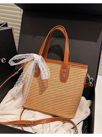 Bolso de Cubo Tejido para Mujer de Cuero PU y Paja Con Lazo de Encaje para Vacaciones Playa Bolso Bandolera