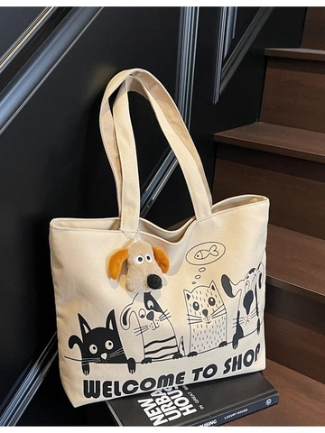 Borsa Tote in Tela da Donna Grande Capacità Stampa Animale Cartone Animato Borsa a Tracolla Casual Versatile Pendolare Con Pendaglio Peluche