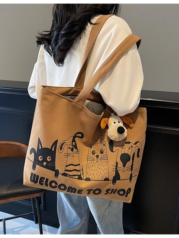 Borsa Tote in Tela da Donna Grande Capacità Stampa Animale Cartone Animato Borsa a Tracolla Casual Versatile Pendolare Con Pendaglio Peluche