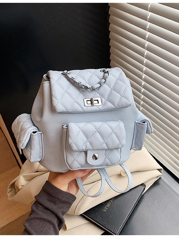 Mini Sac à Dos Matelassé Losange pour Femme Mode Cuir PU Chaîne en Métal Fermoir à Tourniquet Multi Poches Sac à Dos Décontracté Voyage Sac Scolaire