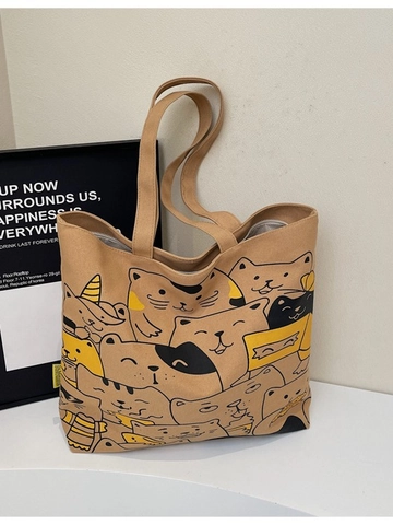 Damen Große Kapazität Cartoon Katze Bedruckte Canvas Tote Tasche Für Studenten Pendeln Lässige Reißverschluss Schulterhandtasche
