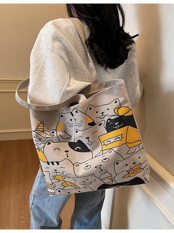 Damen Große Kapazität Cartoon Katze Bedruckte Canvas Tote Tasche Für Studenten Pendeln Lässige Reißverschluss Schulterhandtasche