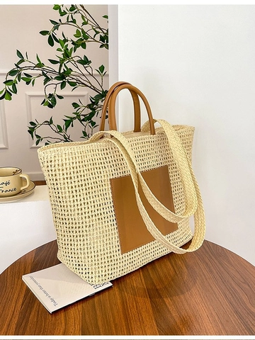 Bolsa Tote de Paja Tejida para Mujer de Gran Capacidad Playa Verano Vacaciones Bolso de Hombro Con Parche de Cuero Color de Contraste