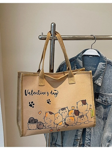 Cartoon Katze Leinwand Tote Tasche Große Kapazität Valentinstag Thema Schultertasche Für Damen Casual Pendler Handtasche