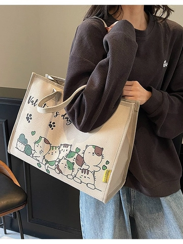 Cartoon Katze Leinwand Tote Tasche Große Kapazität Valentinstag Thema Schultertasche Für Damen Casual Pendler Handtasche