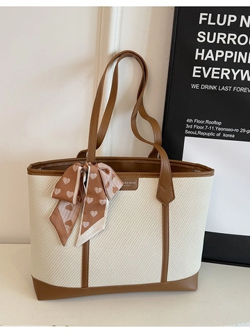 Borsa Tote a Spalla Donna Grande Capacità Trama Intrecciata Con Decorazione Foulard in Raso Stampa a Cuore Borsa a Mano per Uso Quotidiano