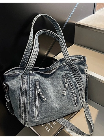 Borsa Tote in Denim da Donna Grande Capacità Borsa a Tracolla in Jeans Lavati Retro Handbag Casual con Tasche a Zip