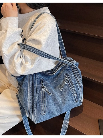 Borsa Tote in Denim da Donna Grande Capacità Borsa a Tracolla in Jeans Lavati Retro Handbag Casual con Tasche a Zip