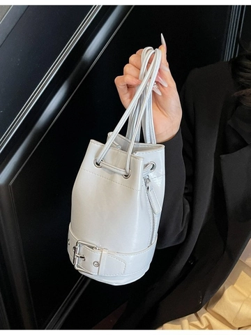 Women Fashion PU Leather Bucket Bag Chic Drawstring Crossbody Bag Glossy Small Shoulder Bag With Belt Buckle Decor Handbag