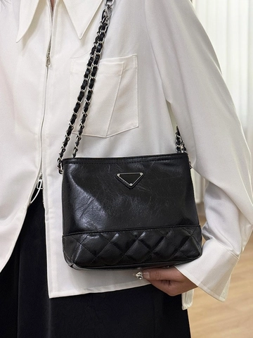 Bolso Bombonera Acolchado para Mujer Bolso de Hombro de Piel PU Retro Con Cadena de Metal Y Decoración Triangular