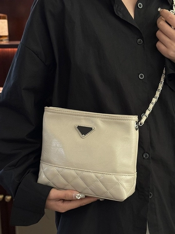 Bolso Bombonera Acolchado para Mujer Bolso de Hombro de Piel PU Retro Con Cadena de Metal Y Decoración Triangular