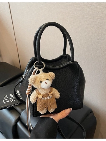Bolso Bombonera de Cuero PU con Patrón de Lichi para Mujer Bolso de Hombro Casual Con Oso de Peluche Bolso Cruzado Diario