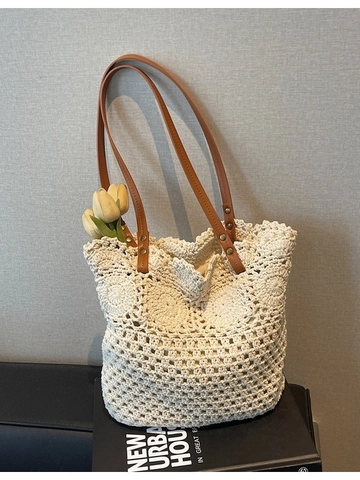 Große Kapazität Gewebte Gehäkelte Tote Bag Für Damen Sommer Strandurlaub Stroh Schultertasche Mit Lederriemen Vintage Casual Handtasche