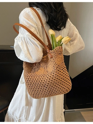Große Kapazität Gewebte Gehäkelte Tote Bag Für Damen Sommer Strandurlaub Stroh Schultertasche Mit Lederriemen Vintage Casual Handtasche
