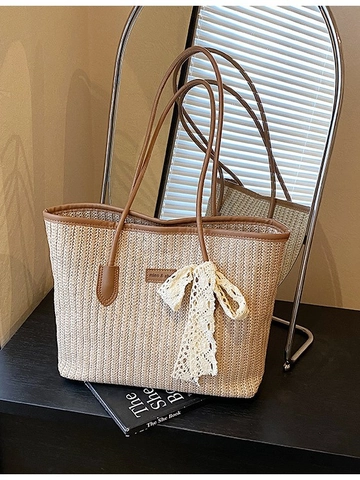 Grote Capaciteit Stro Geweven Tote Bag Voor Vrouwen Mode Kanten Strik Decor Schoudertas Vakantie Zomer Strand Handtas