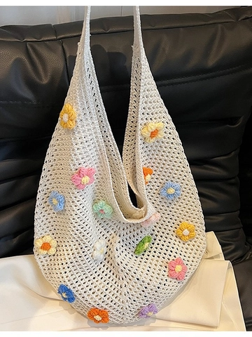 Borsa a Spalla in Maglia Fatta a Mano per Donna Grande Capacità Floreale Traforata Hobo Tote Borsa per Spiaggia Viaggio Quotidiano