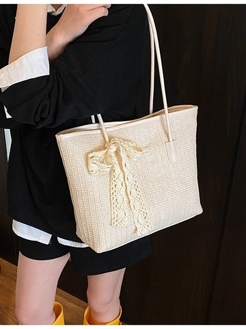 Grote Capaciteit Stro Geweven Tote Bag Voor Vrouwen Mode Kanten Strik Decor Schoudertas Vakantie Zomer Strand Handtas