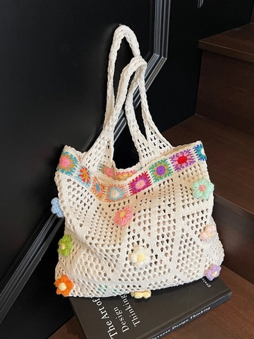 Women Knitted Tote Bag Handcrafted Crochet 3D Flower Large Capacity Hollow Out Bohemian Casual Shoulder Bag Versatile Shopper