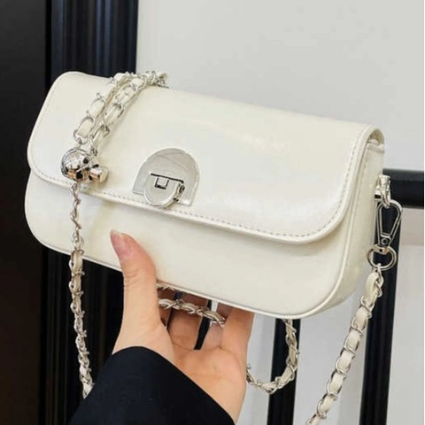 Bolso de Axila de Cuero de PU de Moda Para Mujer Bandolera Vintage Minimalista Color Sólido Bolso Cuadrado Pequeño Con Cadena Hebilla de Metal