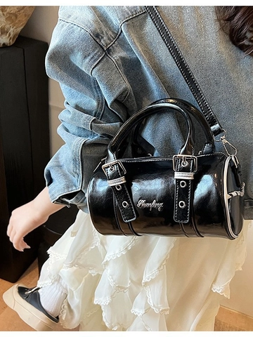 Borsa Boston da Donna in Pelle PU Lucida Borsa Cilindrica Con Tracolla Rimovibile Retro Pendolare Borsa a Tracolla Per Uso Quotidiano
