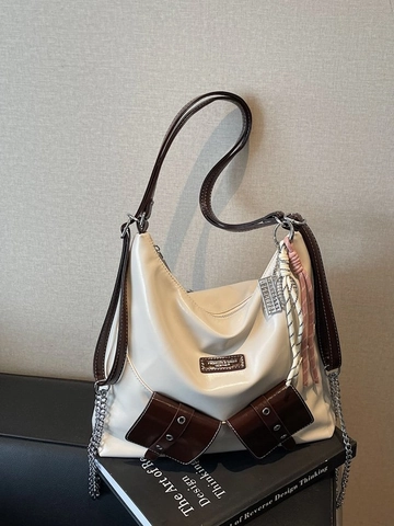 Sac Fourre-tout de Grande Capacité pour Femmes Sac à Épaule Tendance en Cuir PU Avec Décoration de Chaîne Design Bicolore