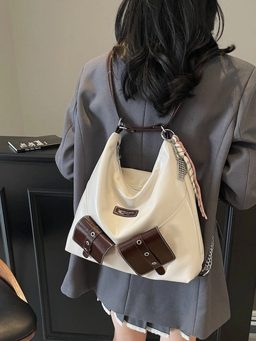 Sac Fourre-tout de Grande Capacité pour Femmes Sac à Épaule Tendance en Cuir PU Avec Décoration de Chaîne Design Bicolore
