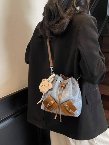 Damen Retro Denim PU Leder Eimertasche Mit Teddybär Anhänger Kordelzug Umhängetasche Casual Kleine Mode Handtasche