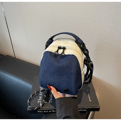 Casual Canvas Denim Patchwork Crossbody Bag For Women Small Shell Shoulder Bag With Adjustable Cord Strap Daily Travel Mini Bag