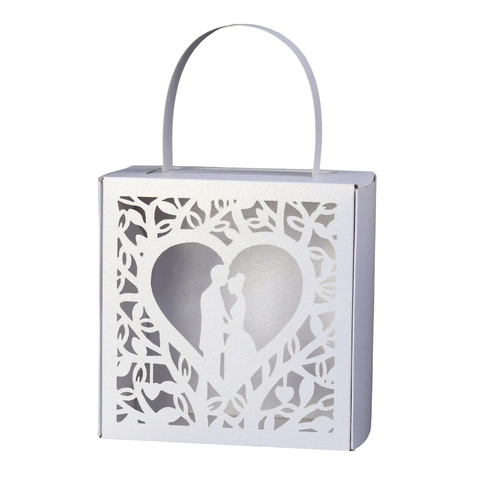 Laser Cut Wedding Favor Candy Box Heart Couple Silhouette Gift Box Pearlescent Paper Chocolate Packaging With Handle Party Decor