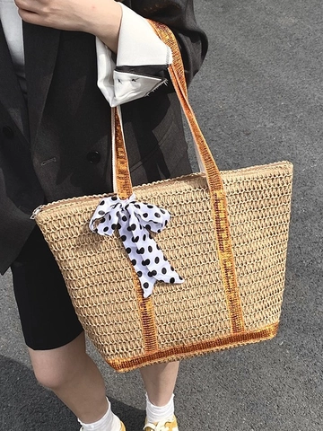Women Summer Straw Tote Bag Woven Shoulder Bag With Sequin Trim And Polka Dot Ribbon Bow Large Capacity Vacation Beach Handbag
