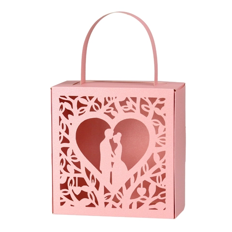 Laser Cut Wedding Favor Candy Box Heart Couple Silhouette Gift Box Pearlescent Paper Chocolate Packaging With Handle Party Decor