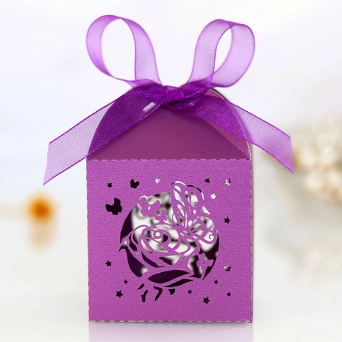 Laser Cut Rose Butterfly Candy Box Pearlescent Paper Wedding Favor Gift Box With Organza Ribbon Party Decoration Box
