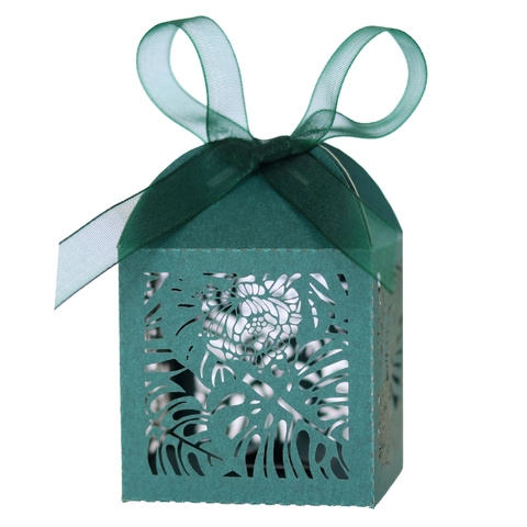 Elegantes Cajas de Caramelos con Corte Láser Patrón de Hojas Tropicales Papel Perla Artificialdo Caja de Regalo para Boda Con Cinta para Fiesta