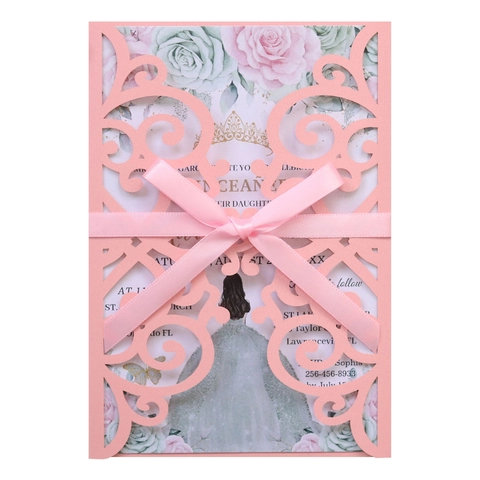 Elegante Lasergeschnittene Hochzeitseinladungskarten Mit Umschlägen Und Schleifen Perlmuttpapier Hohl Blumen Quinceañera Party