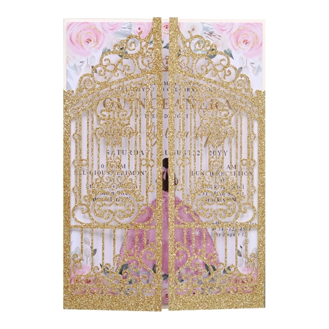Laser Cut Wedding Invitations Glitter Pearlescent Paper Hollow Out European Gate Design Invitation Cards For Engagement Party Banquet Greeting Card