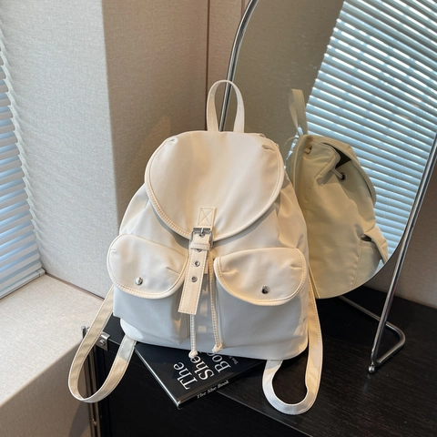 Sac à Dos en Nylon Vintage pour Femmes Couleur Unie Cartable Avec Doubles Poches Frontales Bretelles Réglables Casual Travel Daypack