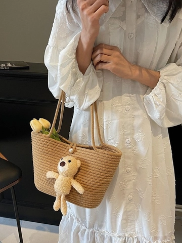 Handmade Woven Tote Bag For Women Summer Straw Beach Bag With Lace Bow Sunflower Charm Plush Bear Artificial Pearl Button Vacation Bag