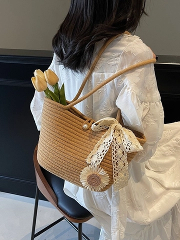 Handmade Woven Tote Bag For Women Summer Straw Beach Bag With Lace Bow Sunflower Charm Plush Bear Artificial Pearl Button Vacation Bag