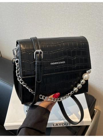 Bolso Bandolera Cuadrado con Relieve de Cocodrilo Estilo Coreano para Mujer Cadena de Perlas Artificiales Cuero PU Moda