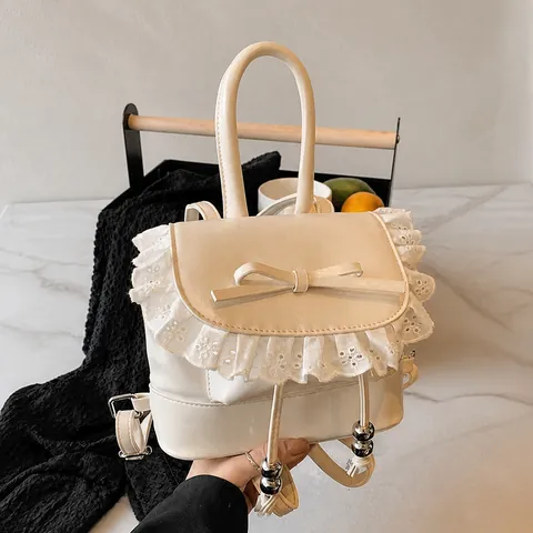 Mini Mochila de Cuero PU Sweet Lolita para Mujer Con Borde de Encaje Lazo Cordón Moda Bolso Bandolera Pequeño