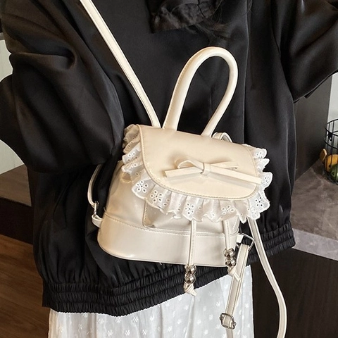 Mini Mochila de Cuero PU Sweet Lolita para Mujer Con Borde de Encaje Lazo Cordón Moda Bolso Bandolera Pequeño