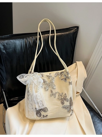 Butterfly Sequin Embroidery Tote Bag With Large Lace Bow Pearl Pendant Women Shoulder Bag Elegant Chic Summer Fashion Handbag