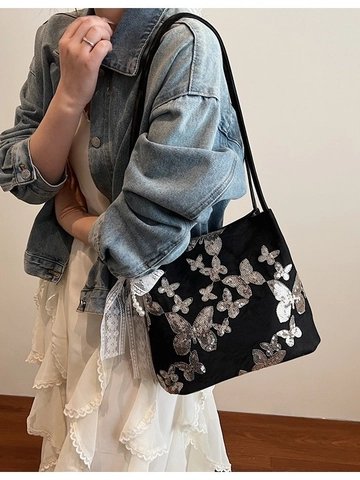 Butterfly Sequin Embroidery Tote Bag With Large Lace Bow Pearl Pendant Women Shoulder Bag Elegant Chic Summer Fashion Handbag
