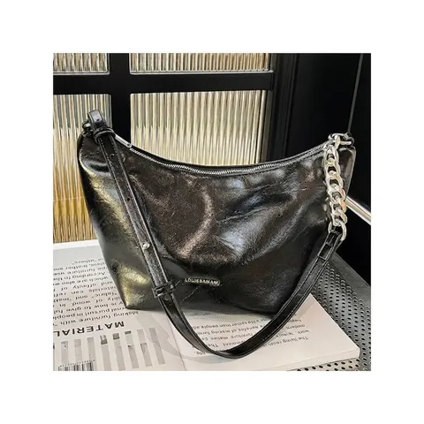 Women's Large Capacity Hobo Bag Glossy PU Leather Crescent Shoulder Bag With Silver Chain Trendy Underarm Bucket Bag