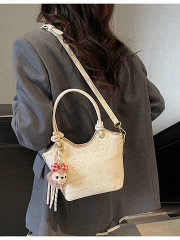 Borsa a Secchiello in Pelle PU Con Goffratura Cartoon Retrò Borsa a Mano Alla Moda Donna Tracolla Con Ciondolo Peluche