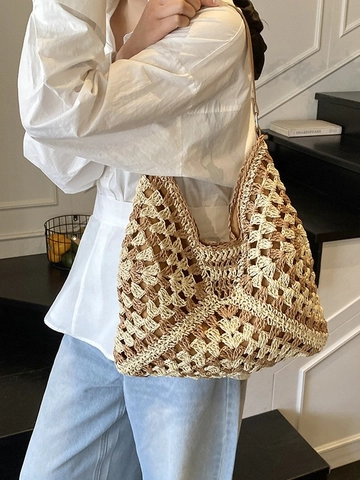 Women Summer Handcrafted Woven Straw Shoulder Bag Bohemian Hollow Geometric Pattern Holiday Beach Large Capacity Underarm Tote