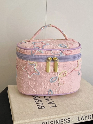 Große Kapazität Gesteppte Kulturtasche Für Damen Süße Stickerei Stern Blume Kosmetiktasche Tragbare Reise Aufbewahrung Organizer Mit Griff